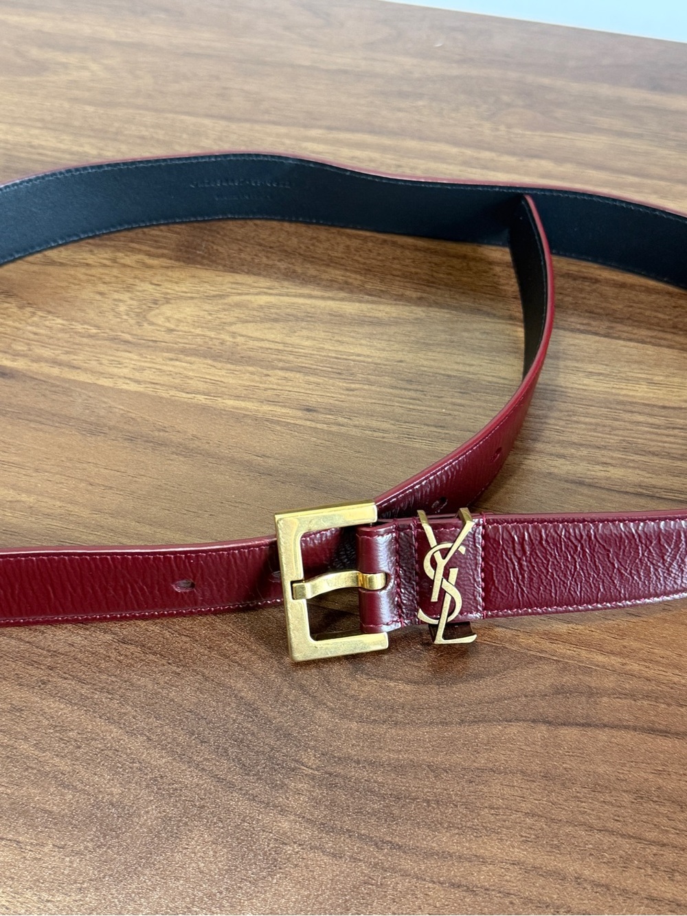 Yves Saint Laurent Burgundy Leather Belt with Gold YSL Buckle - Picture 10 of 13